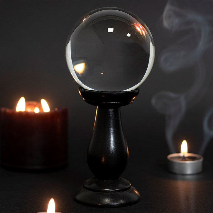 Small Clear Crystal Ball on Black Wooden Stand – 19cm Fortune Telling & Scrying Décor 🔮