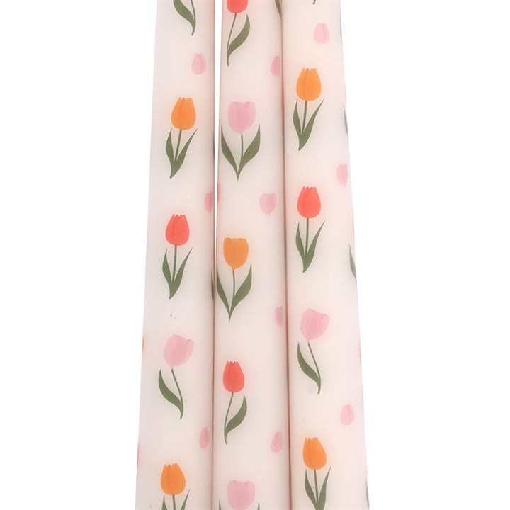 Lot de 3 bougies effilées à motif tulipes