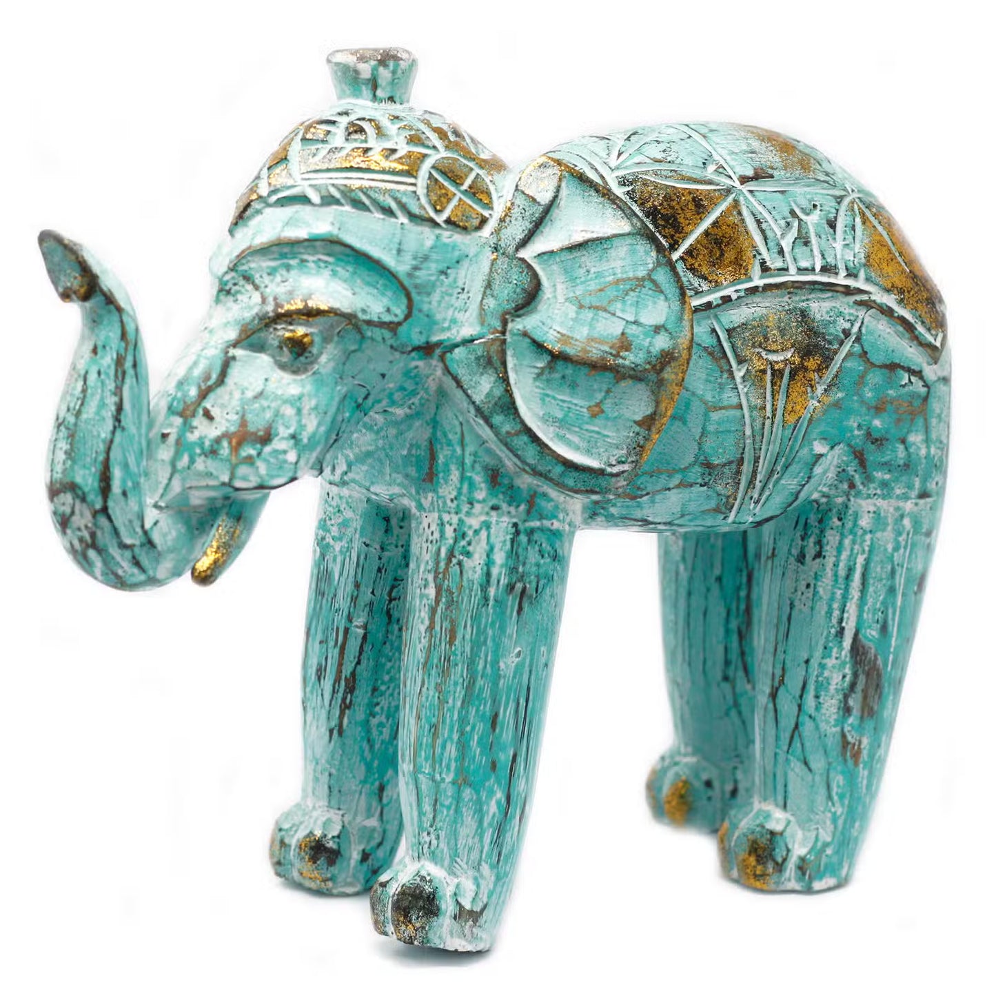 🌿 Élément décoratif Balinais en Bois Sculpté d'Éléphant – Turquoise, Doré et Blanc – Fait Main 🐘✨