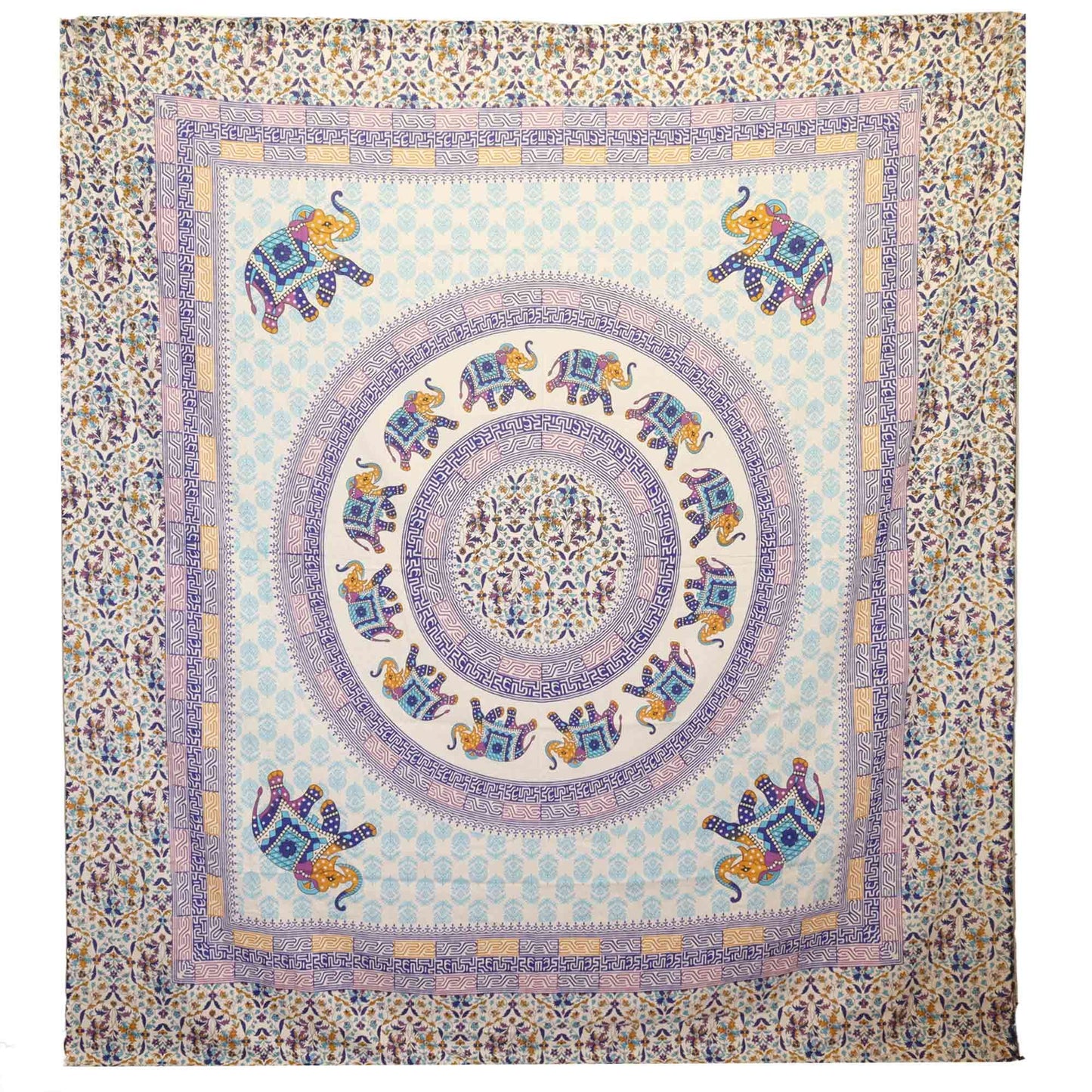 π©΅ Elephant Mandala Wall Hanging / Beach Spread β Turquoise & Blue on Cream | Bohemian Indian Tapestry
