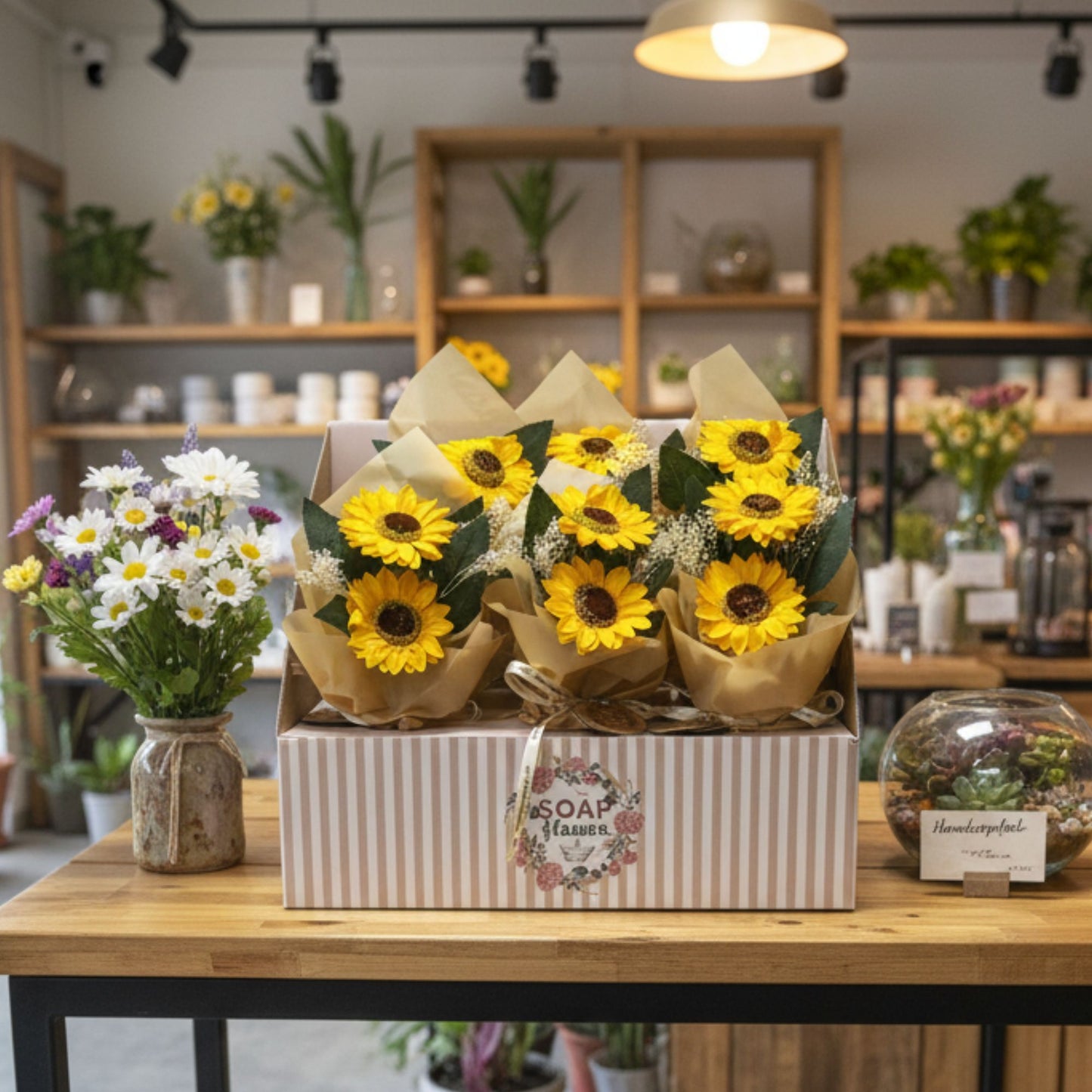Bouquet de deux tournesols en fleurs de savon – Cadeau ensoleillé longue durée et délice pour le bain