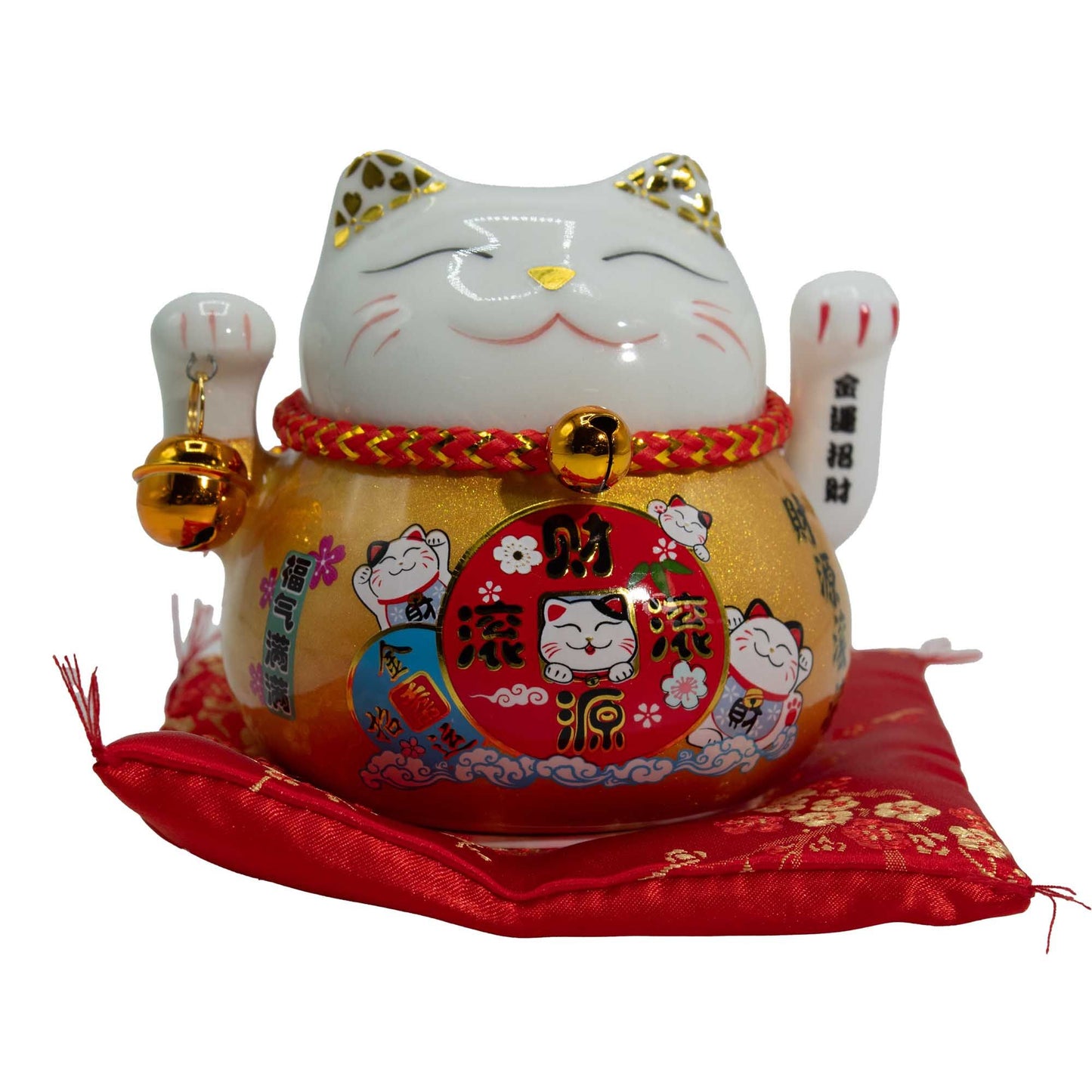 Adorno de Gato de la Suerte de Cerámica con Mano en Movimiento – Maneki Neko Dorado sobre Cojín Rojo