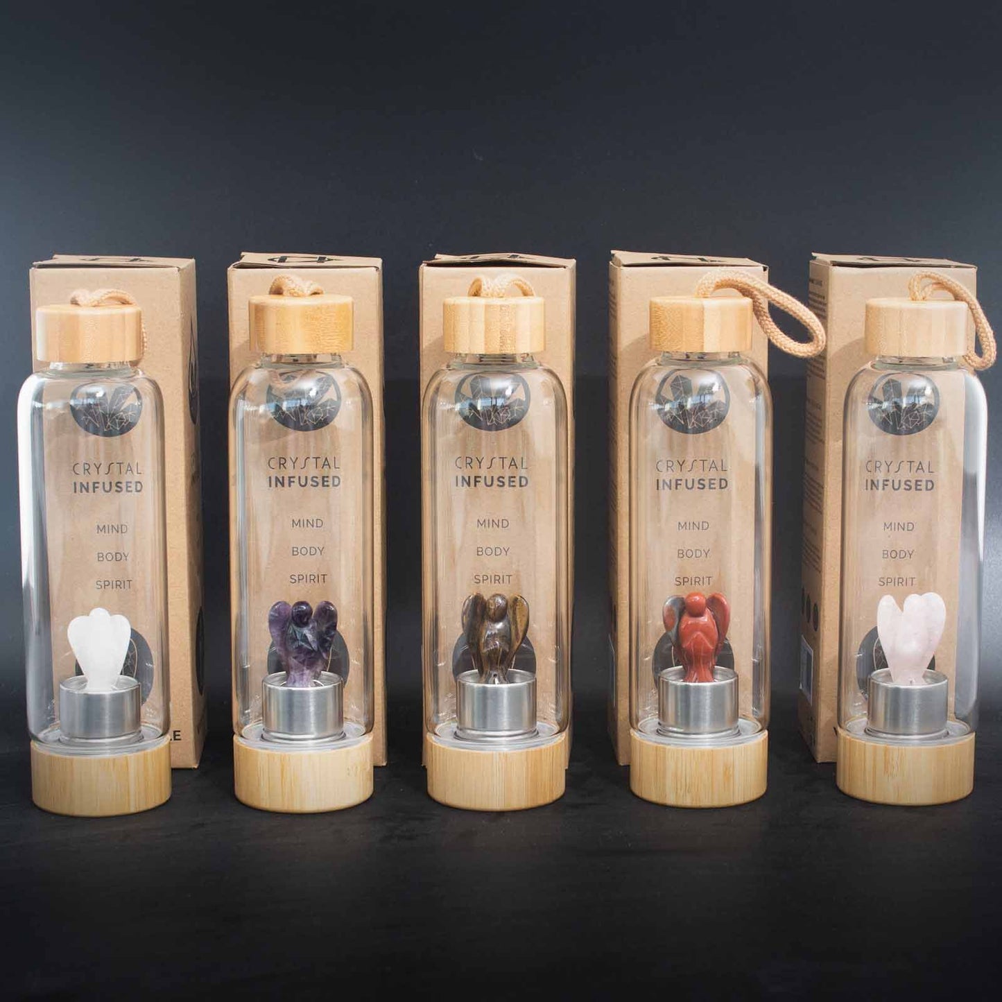 Amethyst Crystal Infused Glass Water Bottle with Angel π β 500ml Bamboo & Glass Elixir Bottle