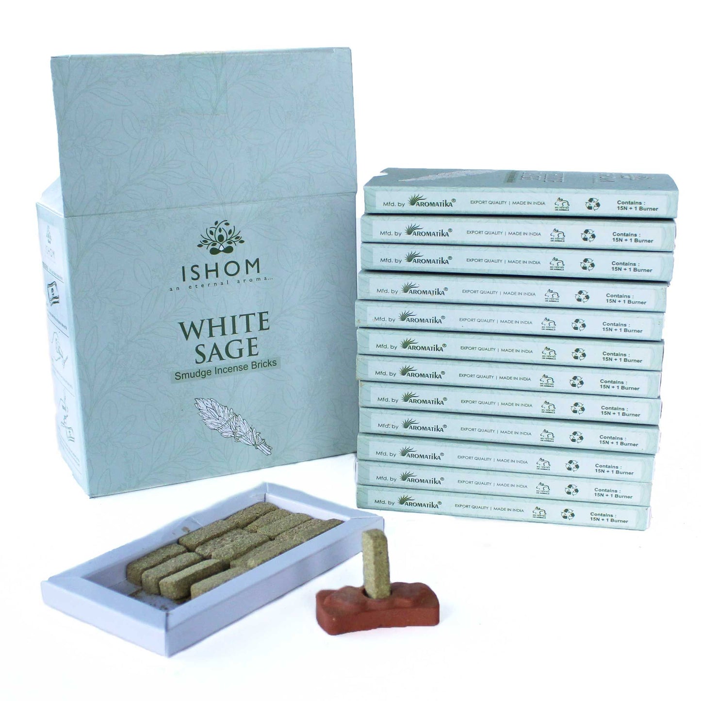 🌿 Pack of 15 Natural Incense Smudge Bricks & Burner – White Sage 🌿