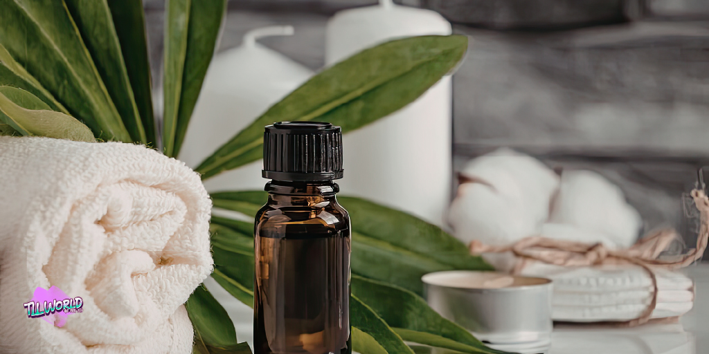 peppermint essential oil bottle on a table