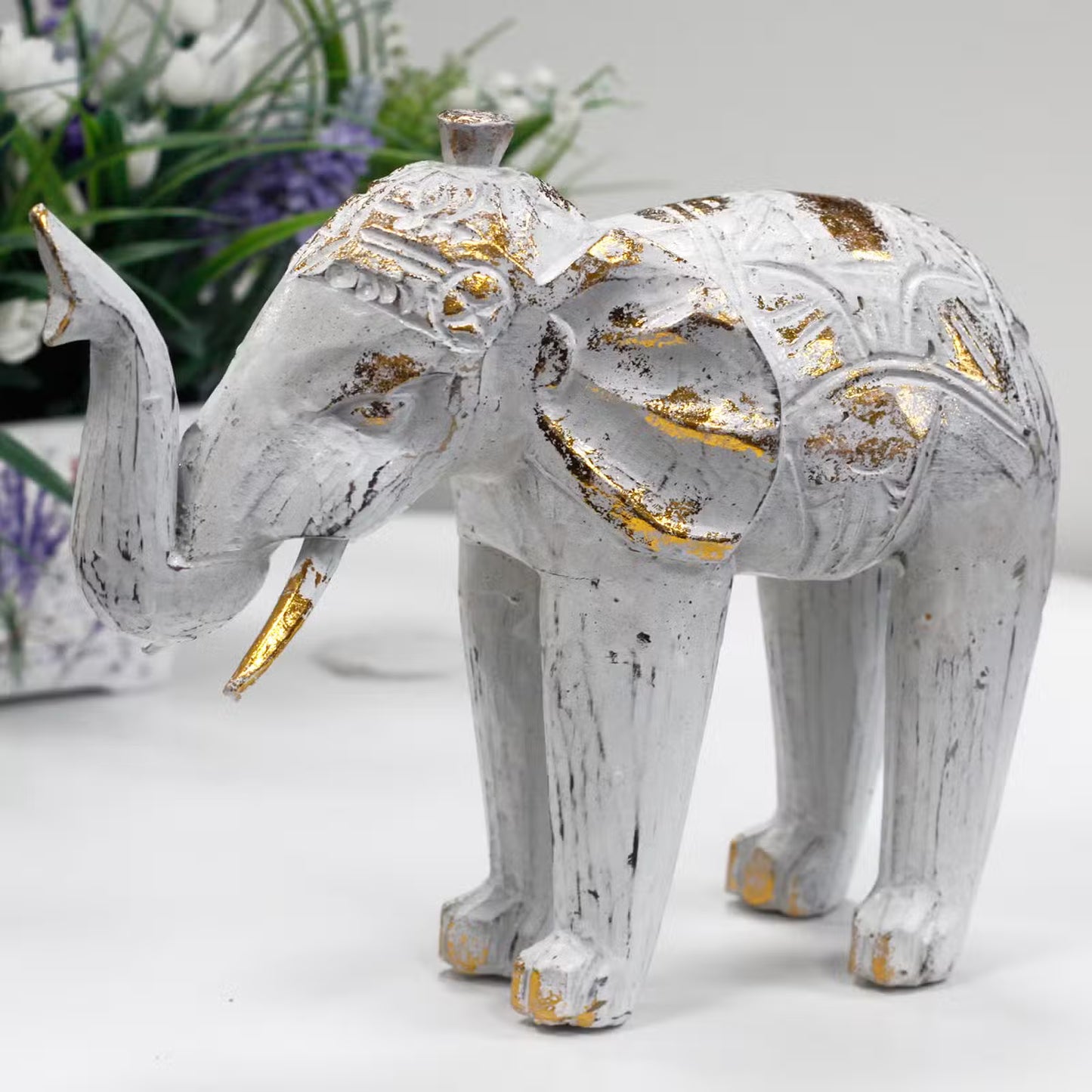 🌿 Wood Carved Elephant – Turquoise & Gold and White – Handcrafted Balinese Decor 🐘✨