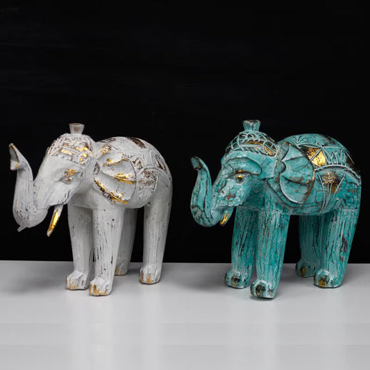 🌿 Wood Carved Elephant – Turquoise & Gold and White – Handcrafted Balinese Decor 🐘✨