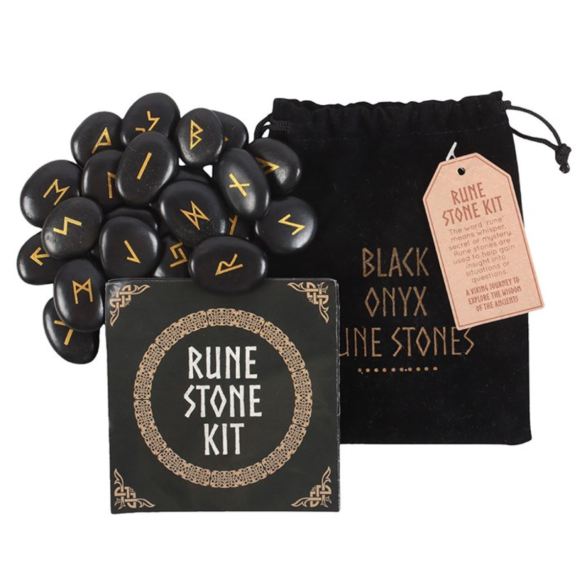 Black Onyx Norse Rune Stones Set – 25 Viking Divination Runes with Pouch 🖤✨