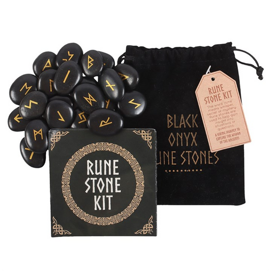 Black Onyx Norse Rune Stones Set – 25 Viking Divination Runes with Pouch 🖤✨