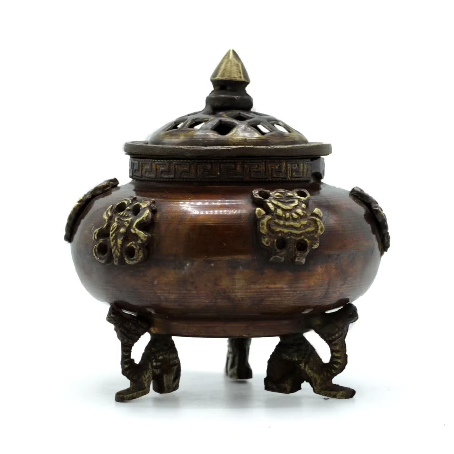 🕉️ Brass Tibetan Incense Burner – Six Symbols Standing Pot 🐉 Sacred Handcrafted Altar Décor