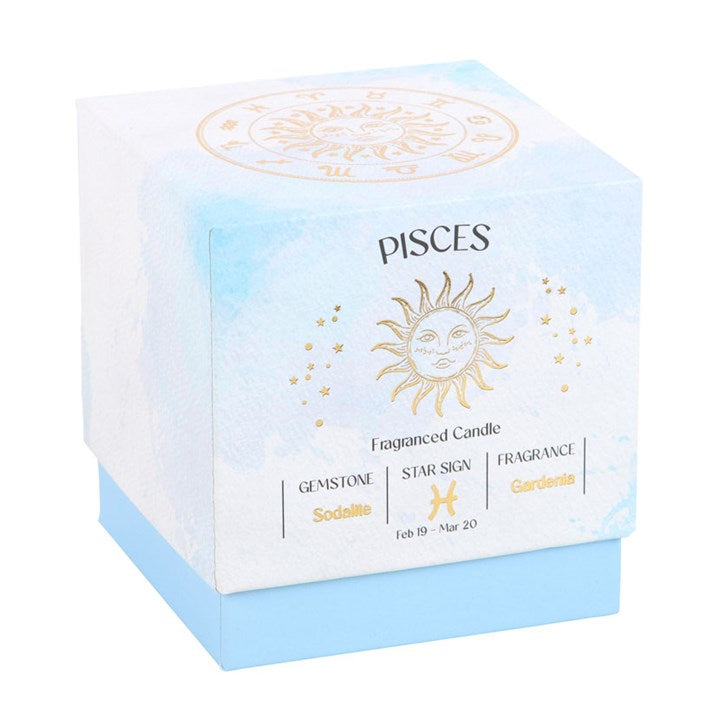 🌊 Pisces Gardenia Gemstone Zodiac Candle ♓ – Sodalite Crystal Energy for Serenity & Insight 🌸