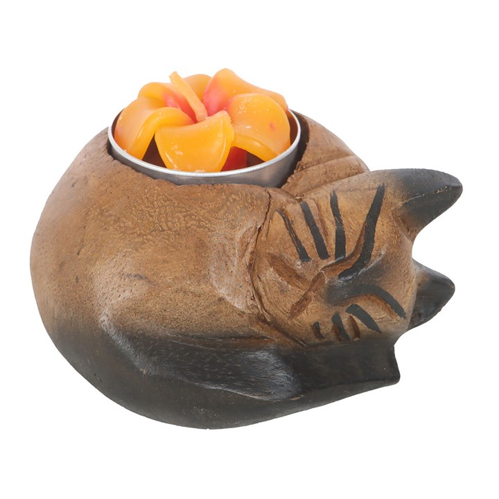 Curled Cat Tealight Holder – Handcrafted Monkey Pod Wood Candle Holder 🐾✨