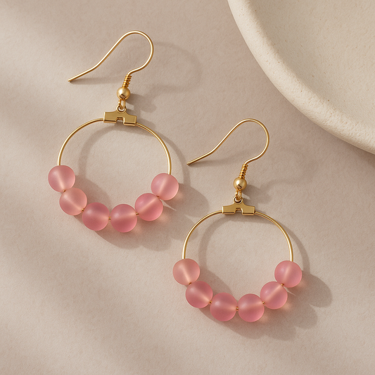 🌸 Pink Frosted Bead Hoop Earrings – Handmade Elegance with a Touch of Gold 🌸
