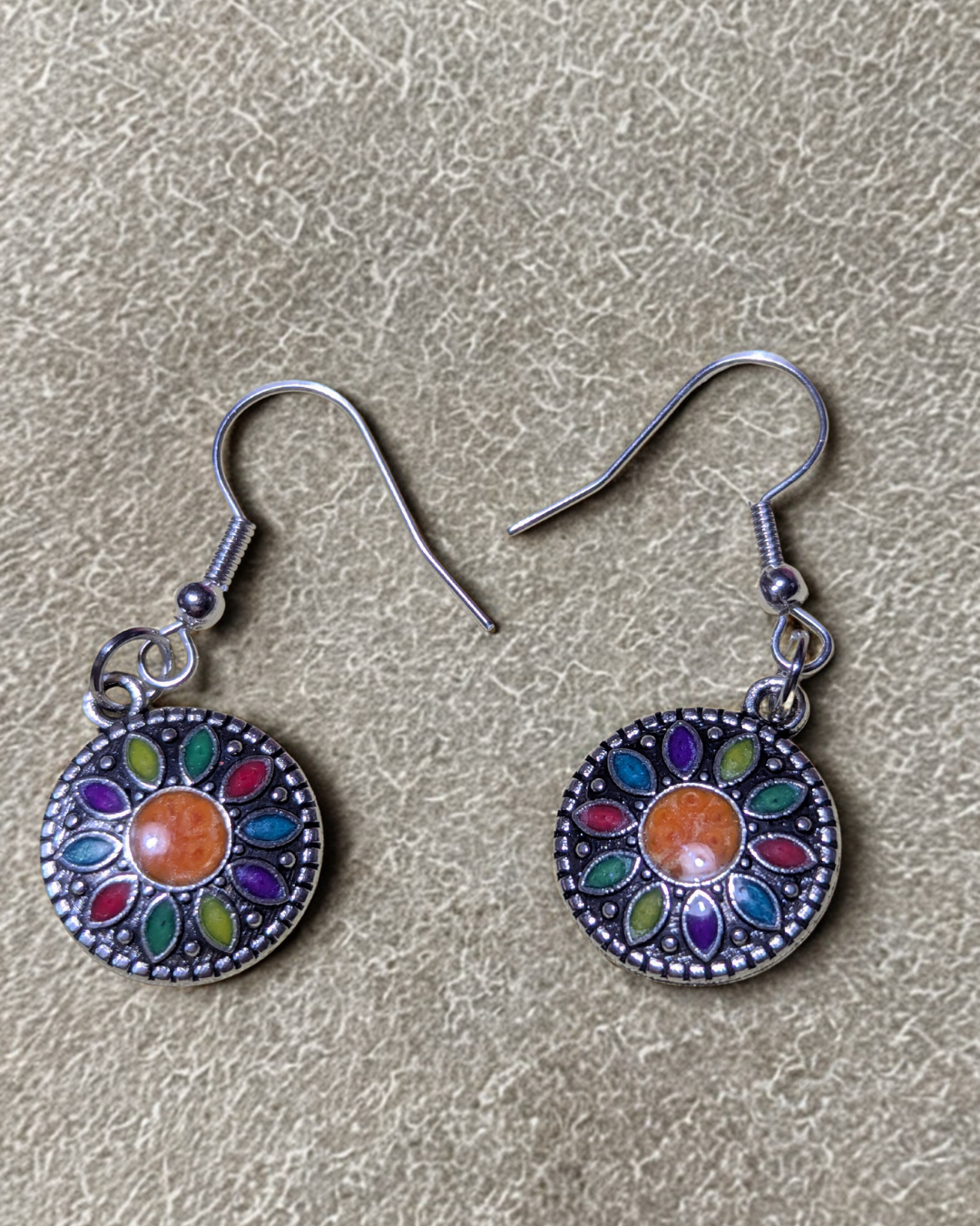 Boho Mandala Dangle Earrings – Multicolour Enamel Disc Drop with Orange Centre