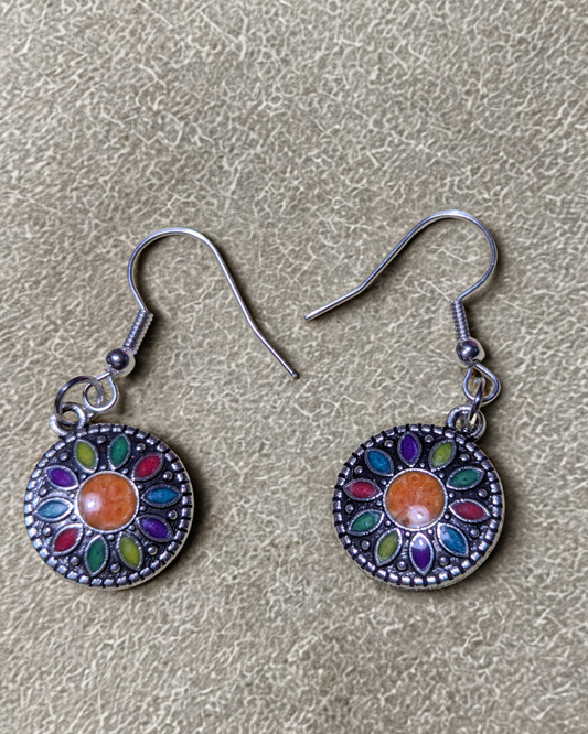 Boho Mandala Dangle Earrings – Multicolour Enamel Disc Drop with Orange Centre