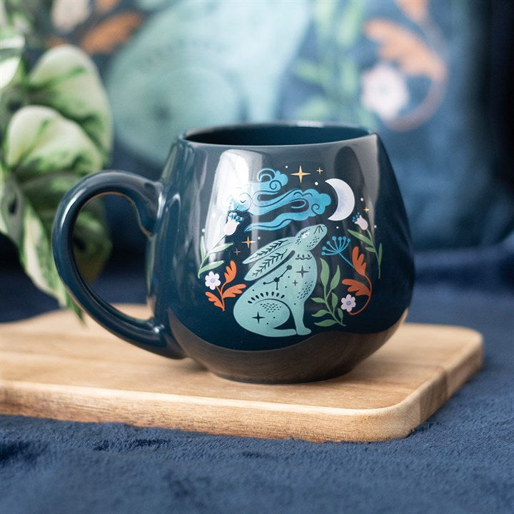 🌙 Midnight Hare Rounded Mug – Enchanted Moonlit Hare Ceramic Cup (400ml) 🐇✨ | Magical Gift for Nature & Moon Lovers