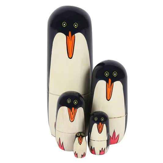 🐧 Penguin Russian Nesting Dolls – Hand-Painted Wooden Ornament Set (5-Piece)
