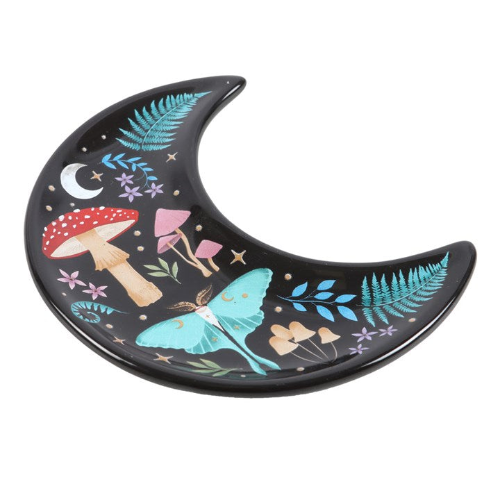 🌙 Dark Forest Crescent Moon Ceramic Trinket Dish – Celestial Jewellery Holder & Night Sky Decor