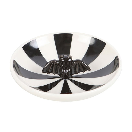 🦇 Midnight Bat Trinket Dish – Black & White Striped Gothic Jewellery Holder 🖤