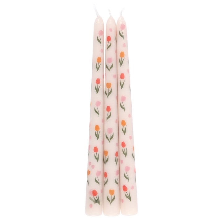 Lot de 3 bougies effilées à motif tulipes