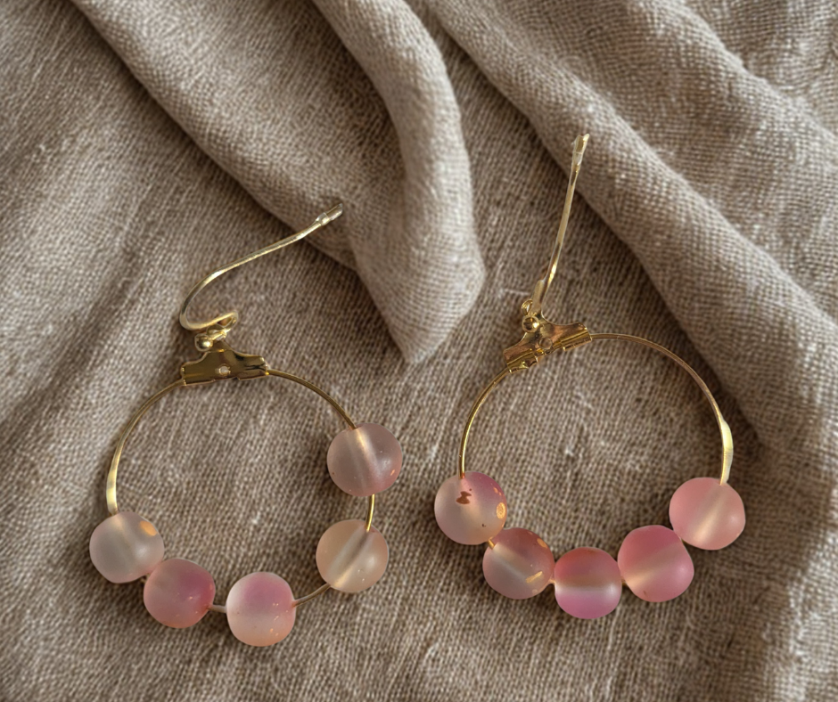🌸 Pink Frosted Bead Hoop Earrings – Handmade Elegance with a Touch of Gold 🌸