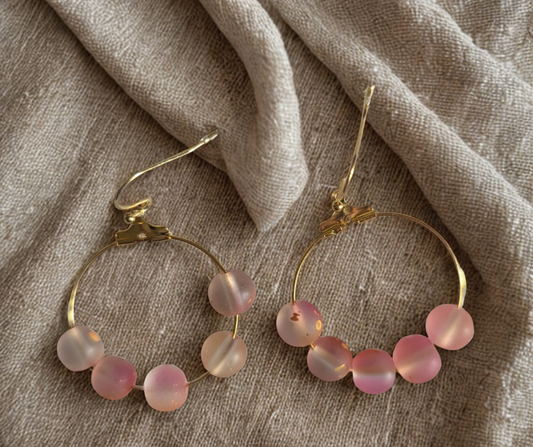 🌸 Pink Frosted Bead Hoop Earrings – Handmade Elegance with a Touch of Gold 🌸