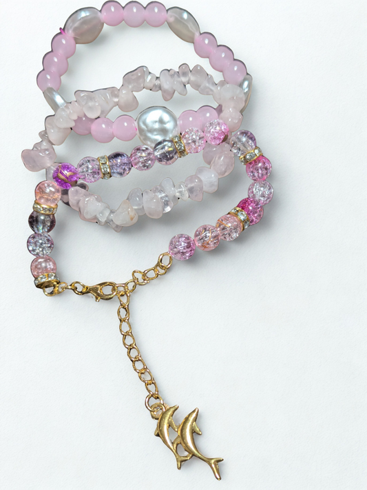 Handmade Pink Beaded Bracelet Stack with Gold-Coloured Charm