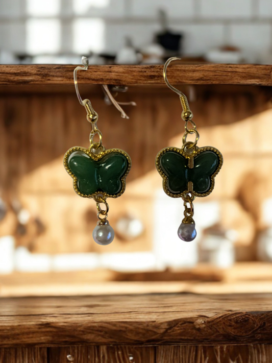Green Butterfly Pearl Drop Earrings