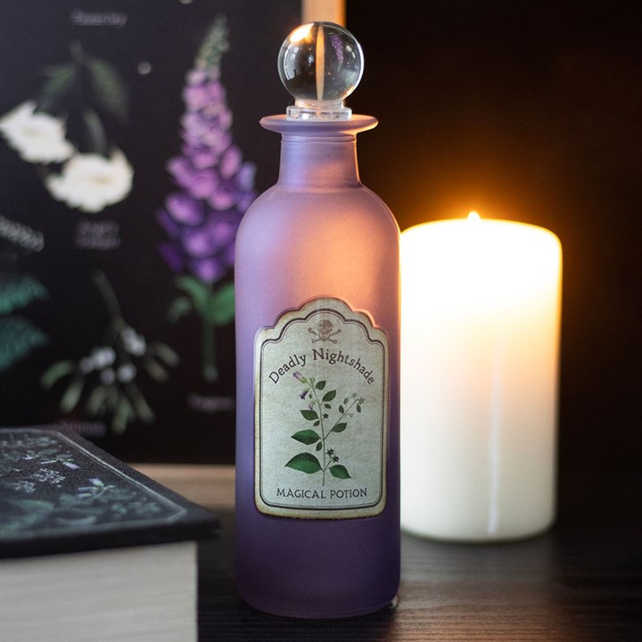 Botella de poción de vidrio decorativa de belladona – Decoración gótica para el hogar de Halloween