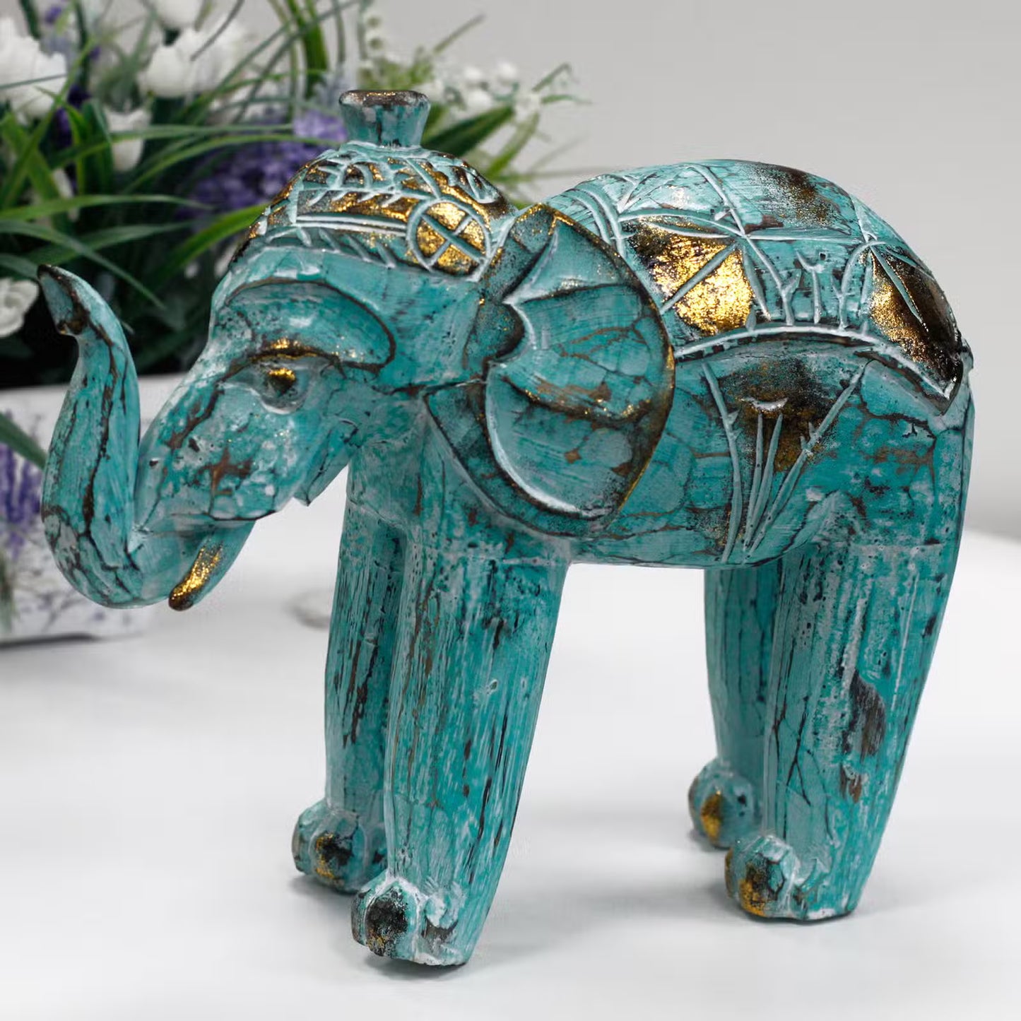 🌿 Wood Carved Elephant – Turquoise & Gold and White – Handcrafted Balinese Decor 🐘✨