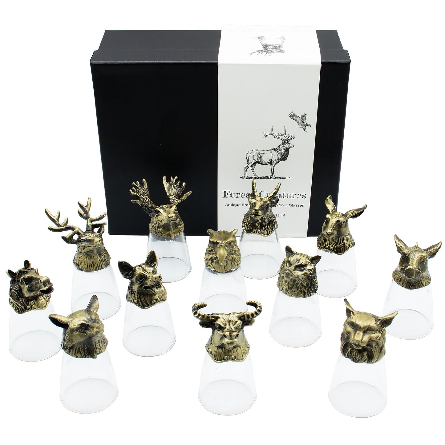 Gift Set of 12 Bottom Up Shot Glasses (25ml) – Forest & Mystical Creatures – Antique Bronze
