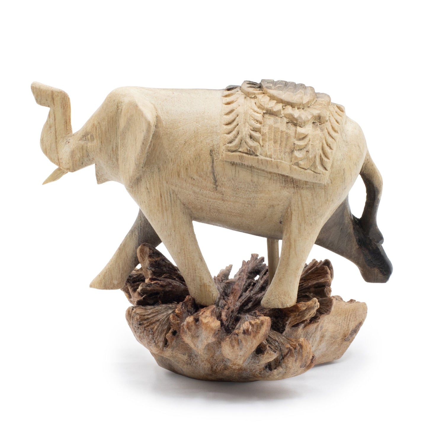 Hand-Carved Wooden Elephant Sculpture – Unique Artisan Décor with Natural Wood Base (9x11x10 cm)