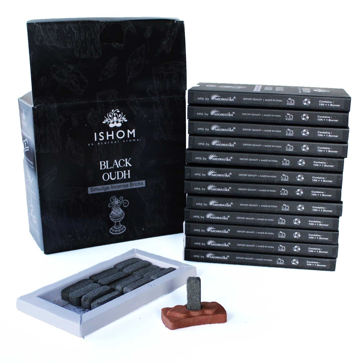 🖤 Pack of 15 Natural Incense Smudge Bricks and Burner – Black Wood 🕯️