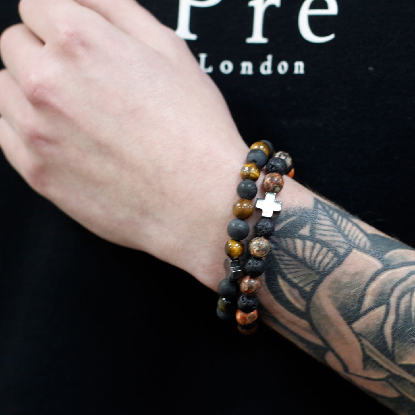 Set of 2 Gemstone Friendship Bracelets – Eternity – Leopard Skin Jasper & Lava Stone 🐆🖤