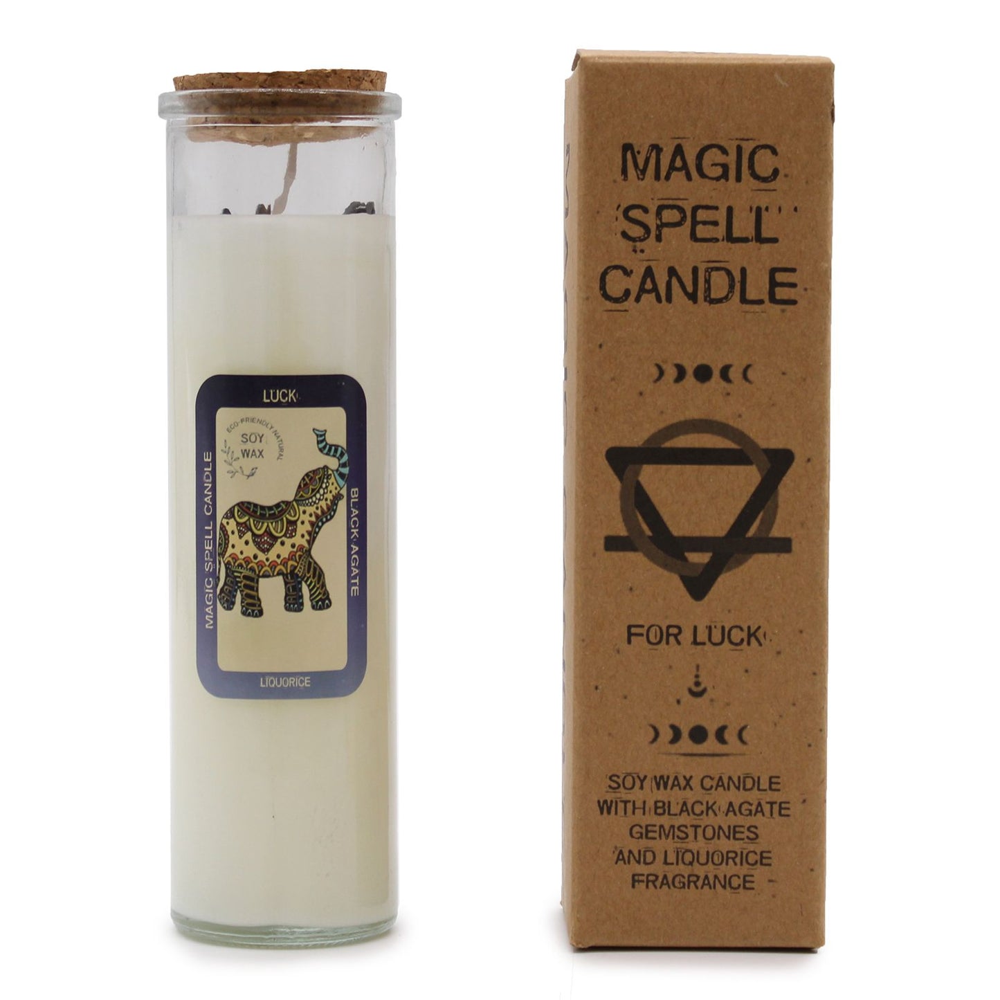 🪄 Magic Spell Candle – Luck 🍀 | Soy Wax Candle with Black Agate Gemstones & Liquorice Fragrance | 50-Hour Burn Time