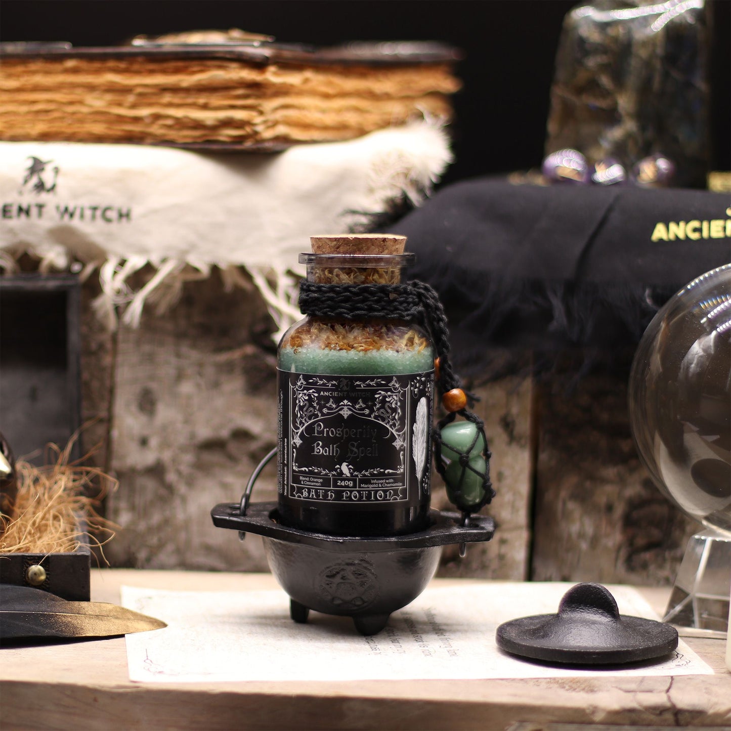 🌿 Ancient Witch Bath Spell Potion & Aventurine Crystal Amulet – Prosperity Ritual Potion 🍊✨
