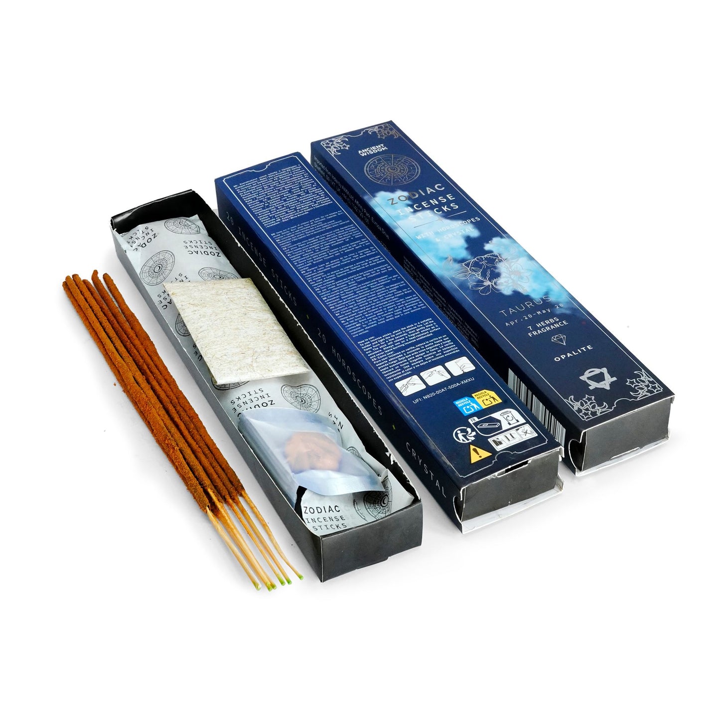 Taurus Incense Set – 7 Herbs Aroma Ritual Kit (20 Sticks + Opalite + Burnable Horoscopes) ♉✨