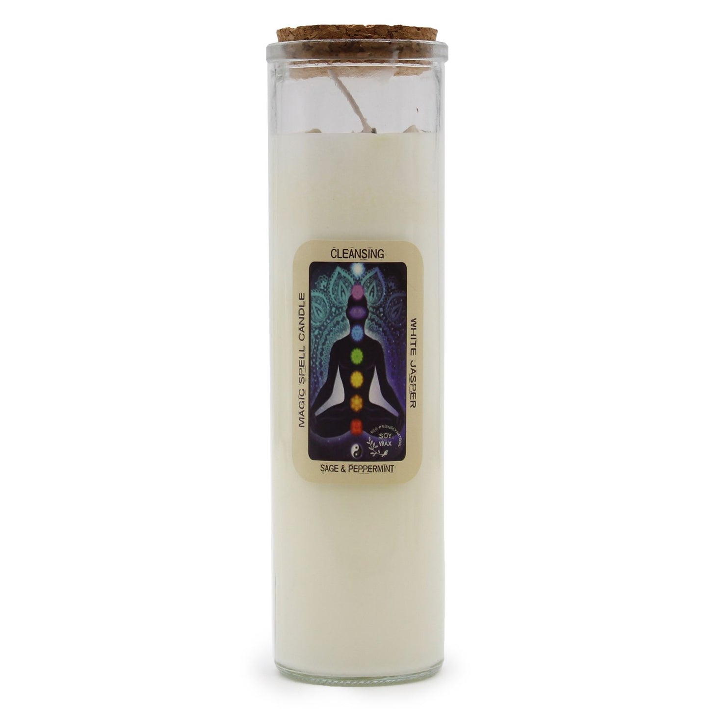 🕯️ Magic Spell Candle - Cleansing | Soy Wax Candle with WHITE JASPER Gemstones & SAGE & PEPPERMINT Fragrance 🌿
