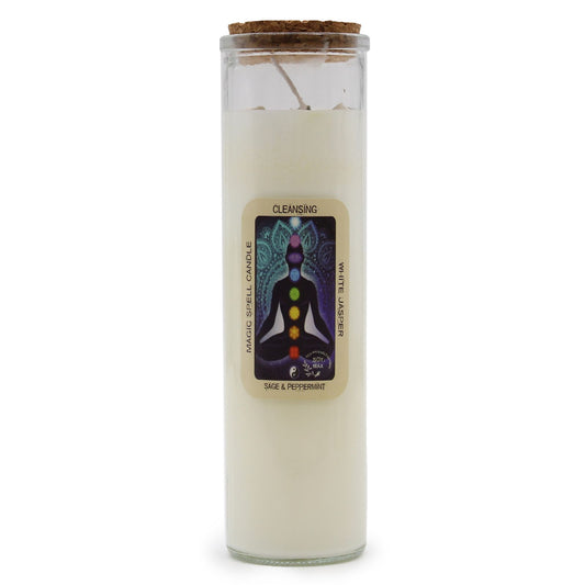 🕯️ Magic Spell Candle - Cleansing | Soy Wax Candle with WHITE JASPER Gemstones & SAGE & PEPPERMINT Fragrance 🌿