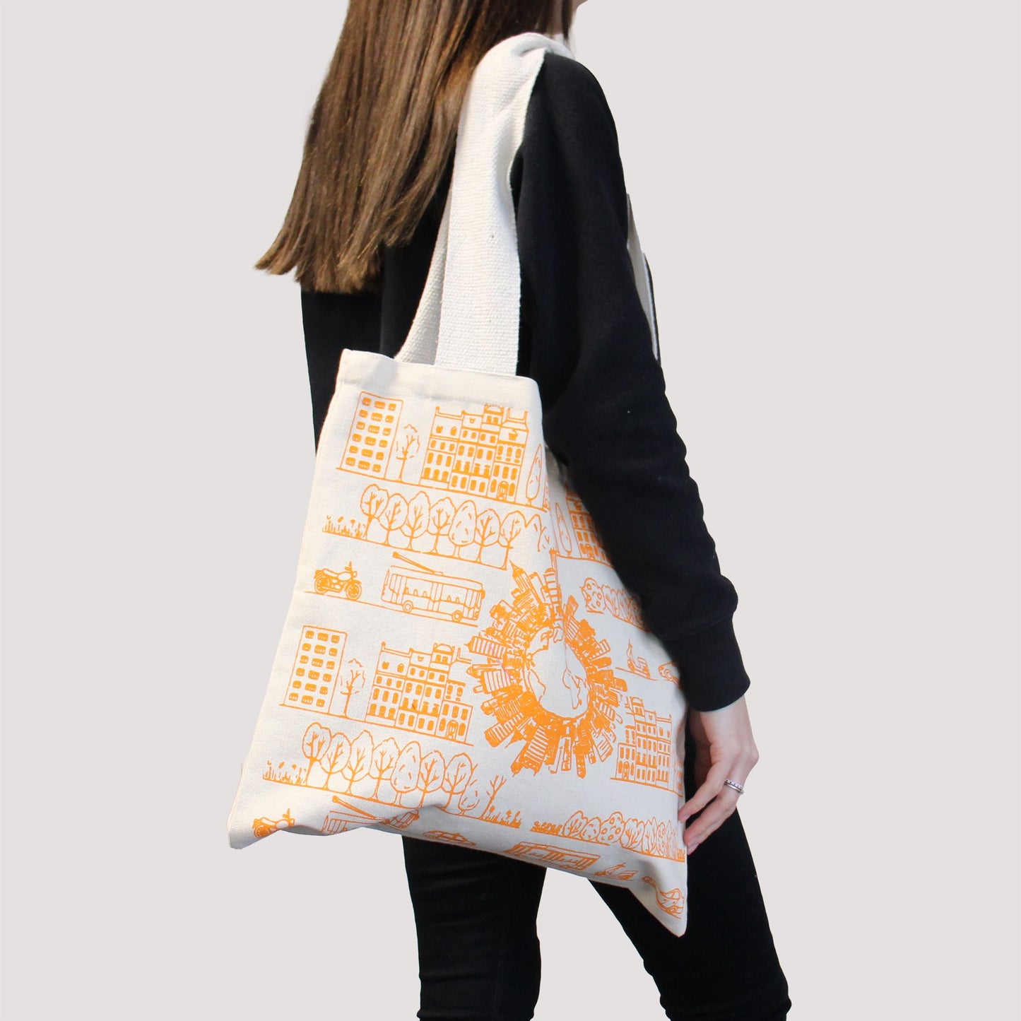 🛍️ Big Cotton Shopping Bag – City Life Design – 38x42cm – 10oz | Eco-Friendly Tote
