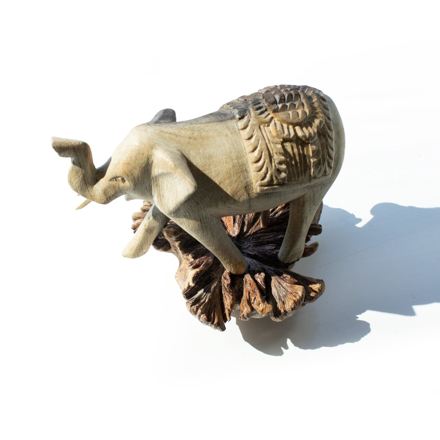 Hand-Carved Wooden Elephant Sculpture – Unique Artisan Décor with Natural Wood Base (9x11x10 cm)