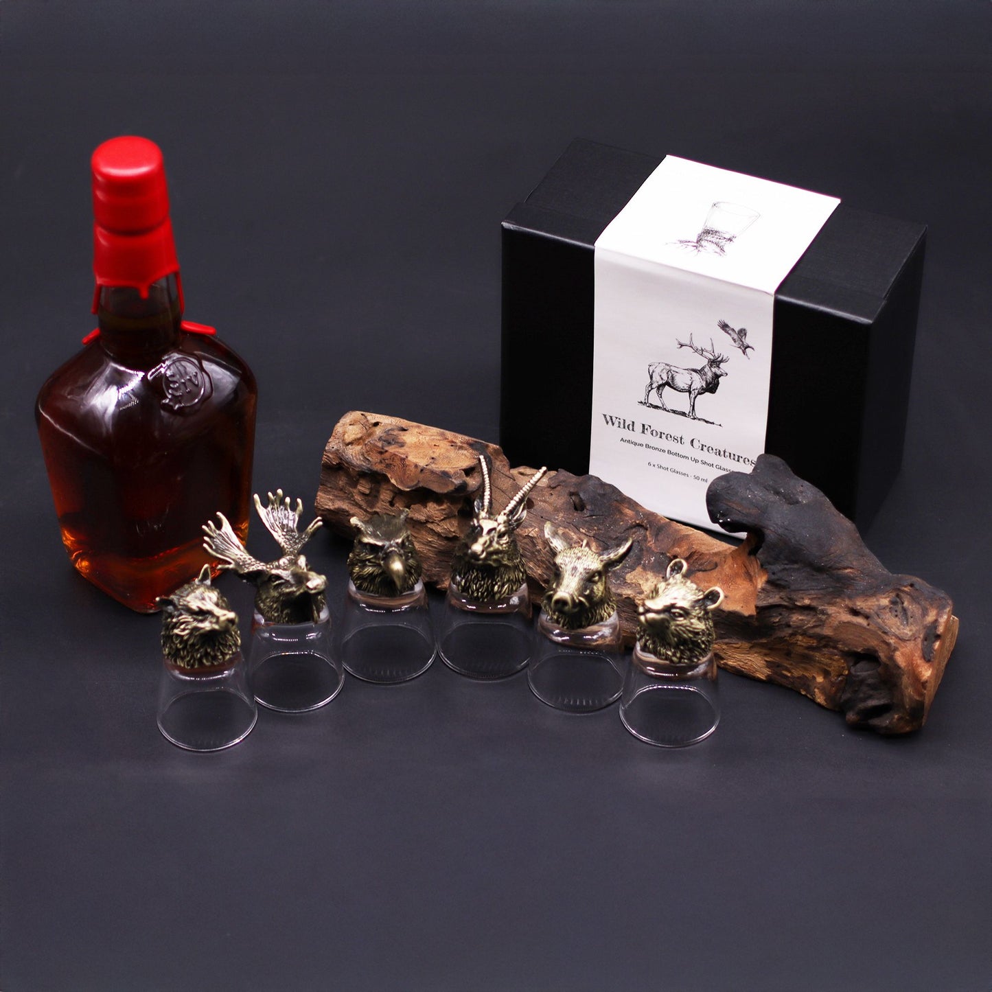 🦌🐗🦊 Forest Animal Head Shot Glass Set (6-Pack) – Antique Bronze Gift Boxed 50ml