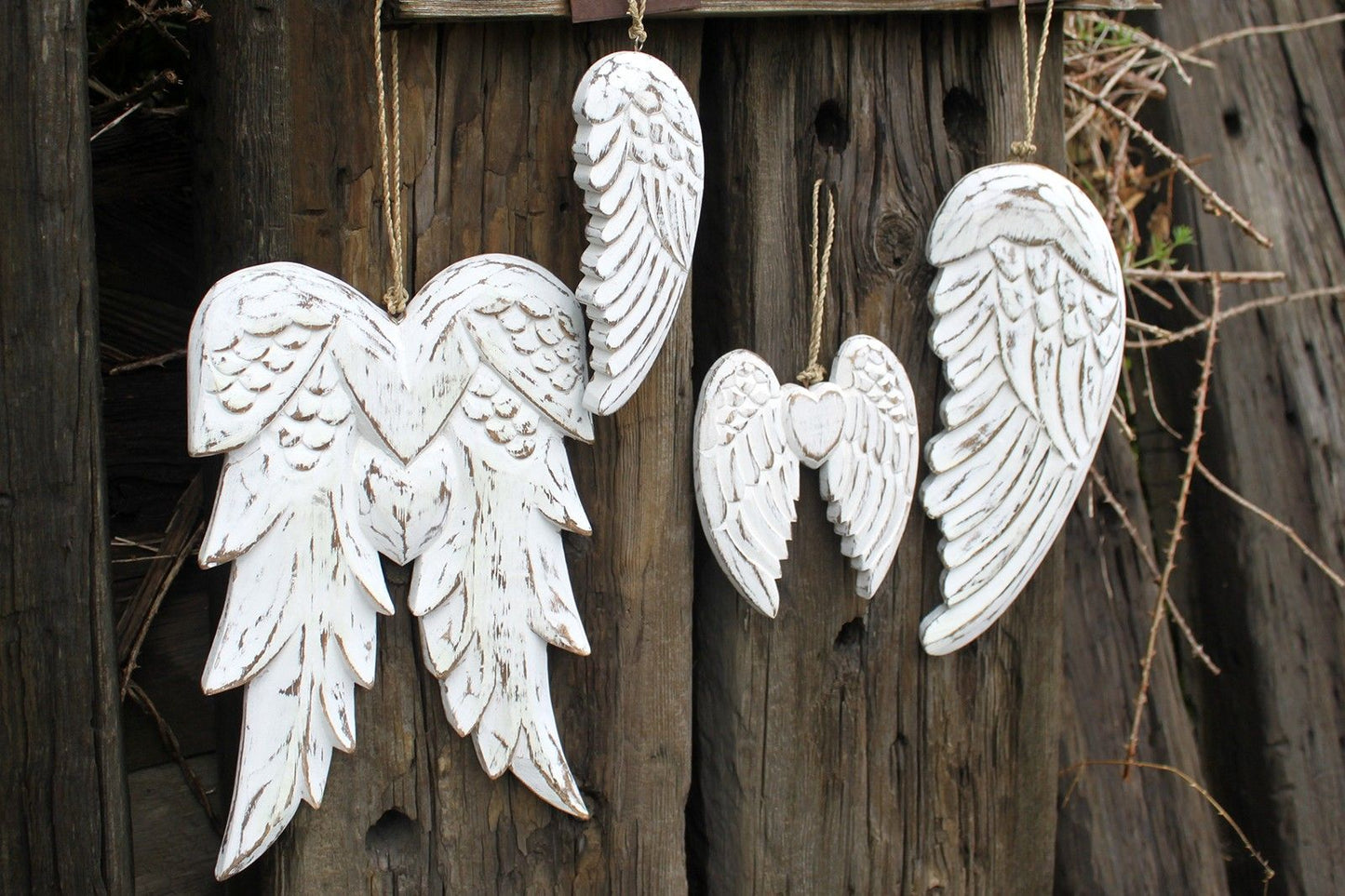 ✨ Hand Crafted Double Angel Wing – 31cm | Distressed White Wooden Wall Décor 👼🏻