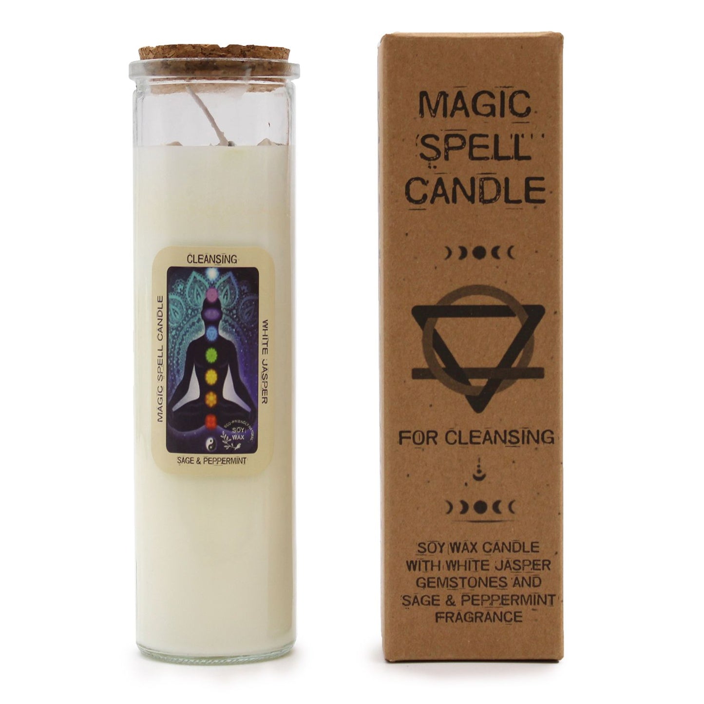 🕯️ Magic Spell Candle - Cleansing | Soy Wax Candle with WHITE JASPER Gemstones & SAGE & PEPPERMINT Fragrance 🌿
