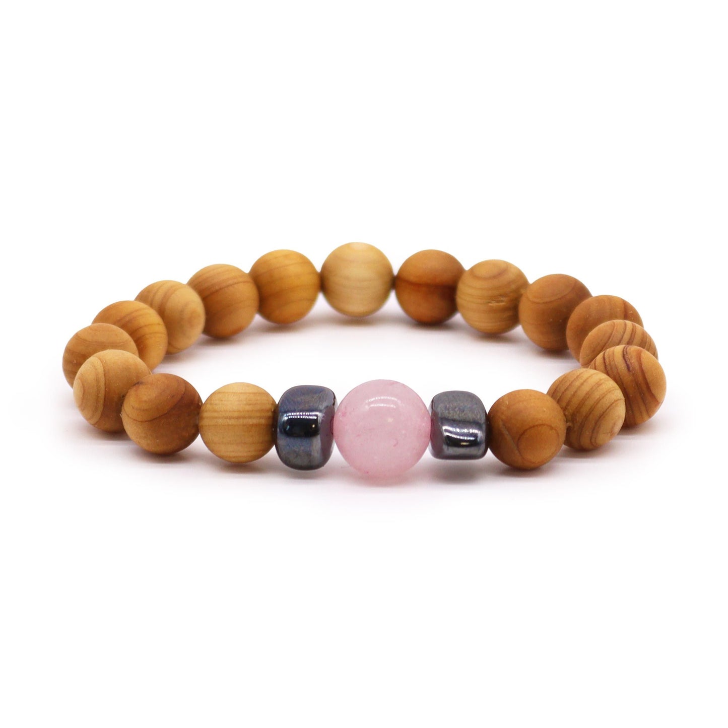 Cedarwood Heart Chakra Bangle Bracelet with Rose Quartz Beads 💗🌲✨
