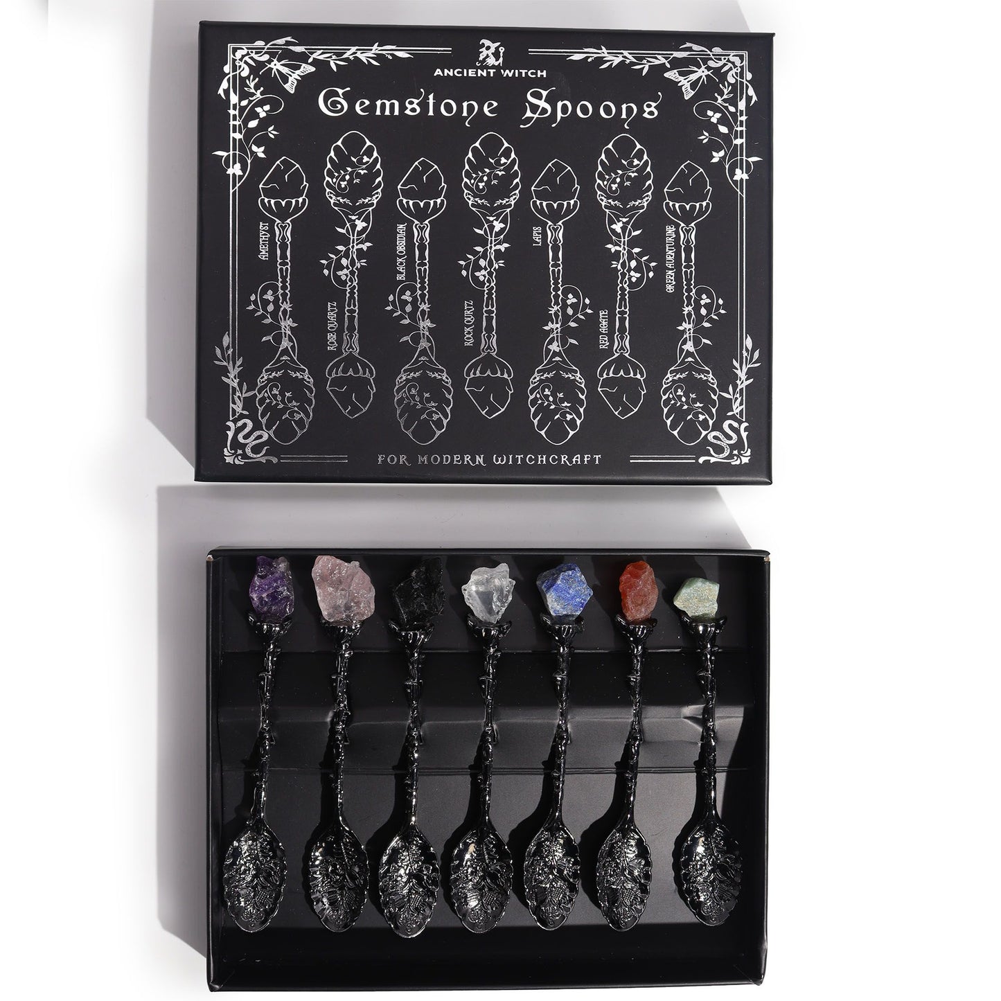 ✨ Set of 7 Bronze Gemstone Crystal Witch Spoons – Mystical Spiritual Décor ✨