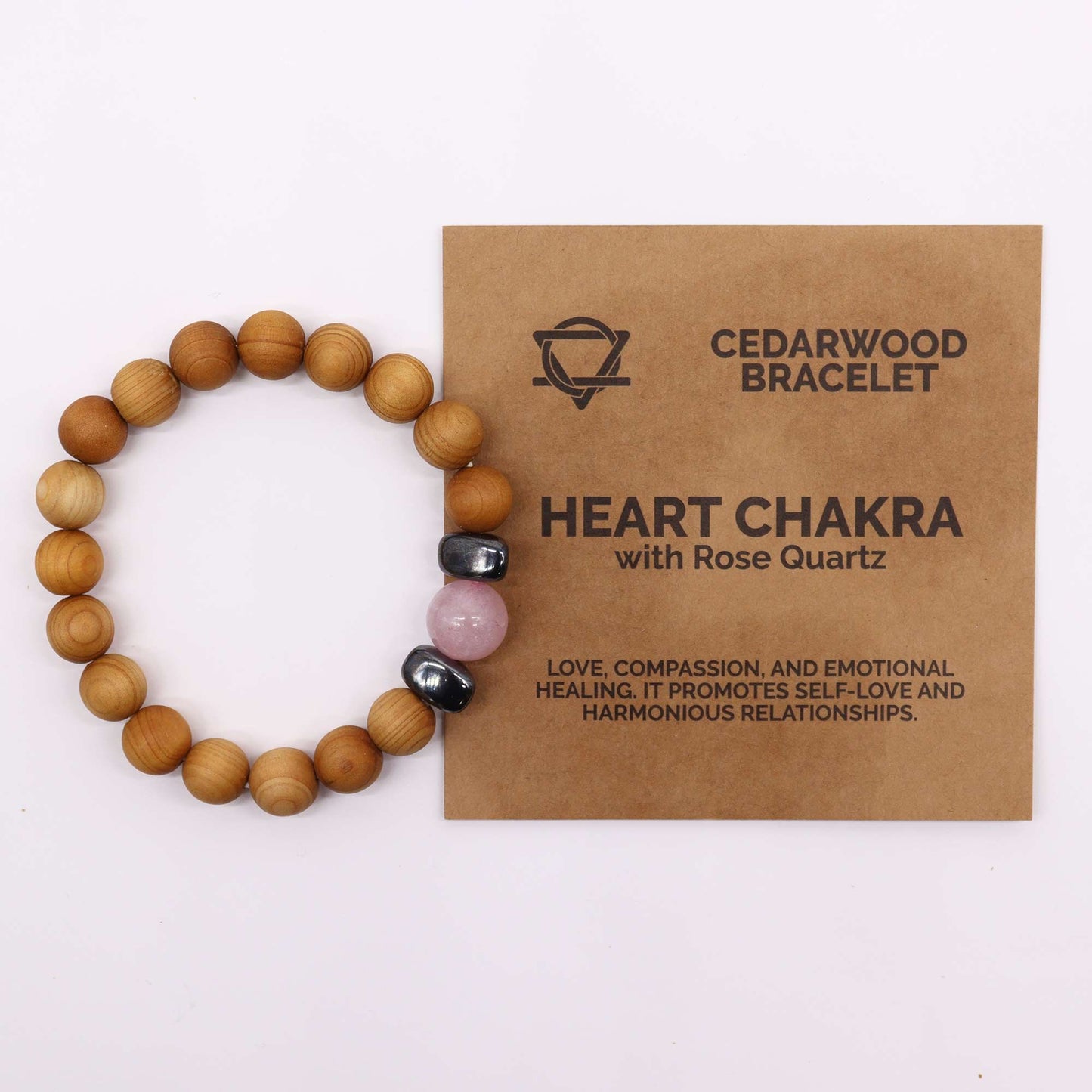 Cedarwood Heart Chakra Bangle Bracelet with Rose Quartz Beads 💗🌲✨