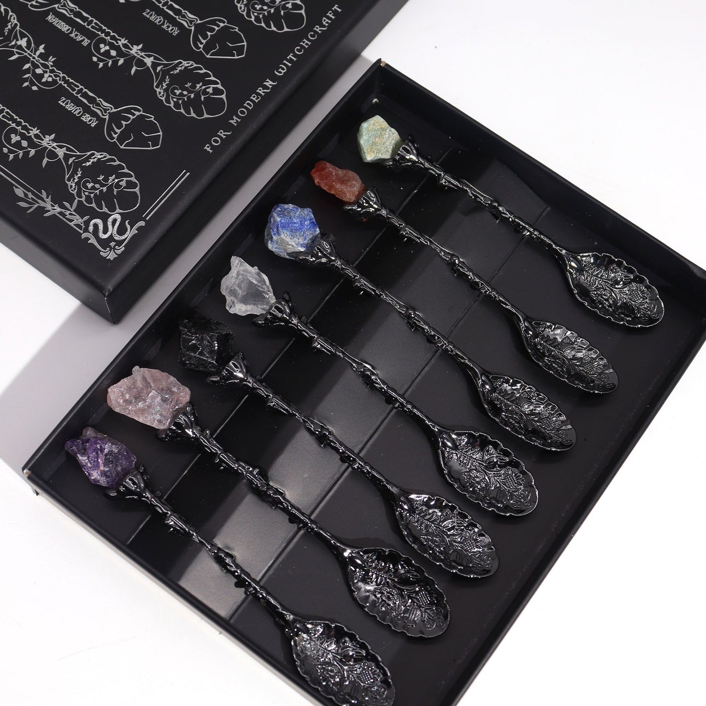 ✨ Set of 7 Bronze Gemstone Crystal Witch Spoons – Mystical Spiritual Décor ✨