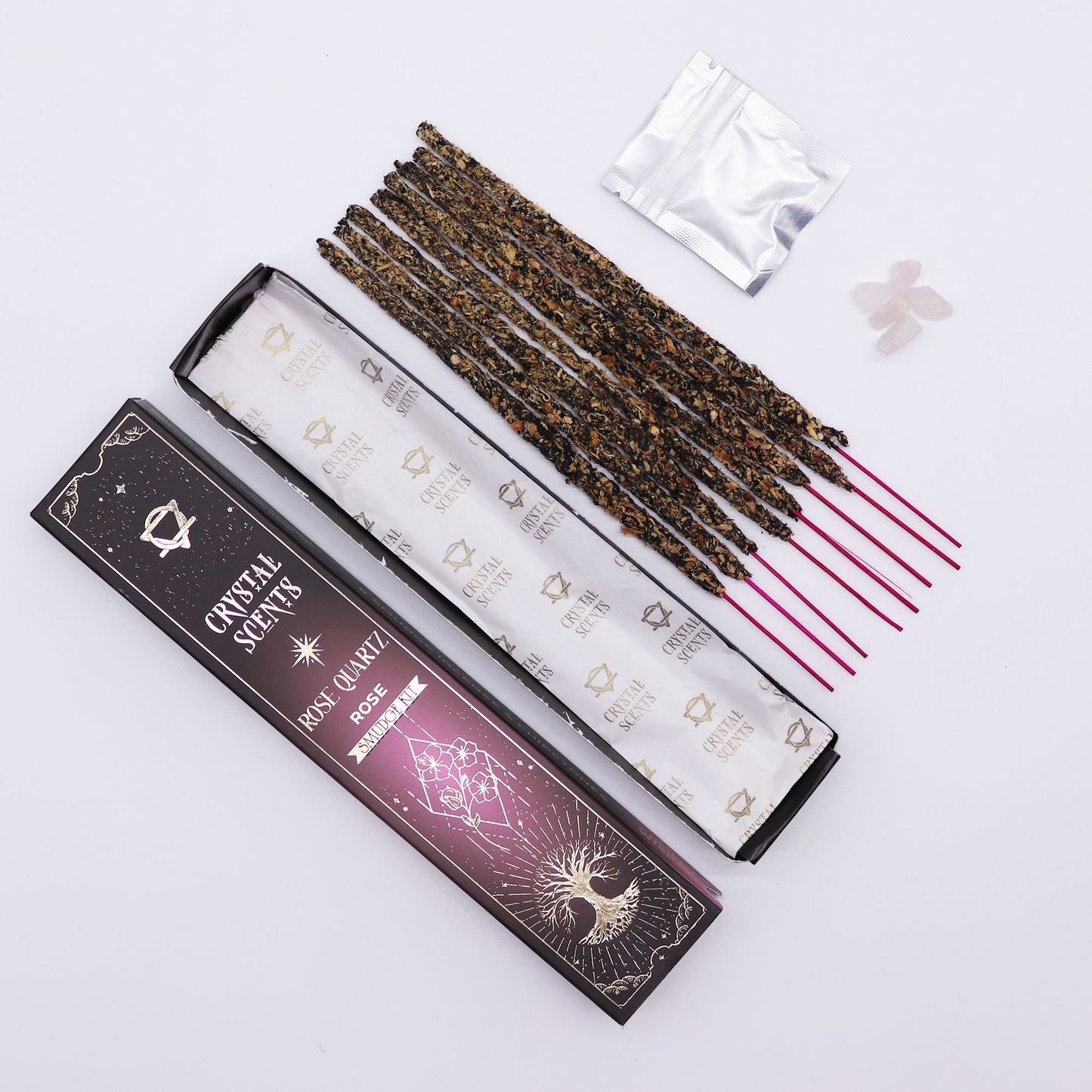 Rose Smudge Incense Sticks with Rose Quartz Chips (10 Pack) – Romantic Floral Aroma & Celestial Gift Set 💗🌙