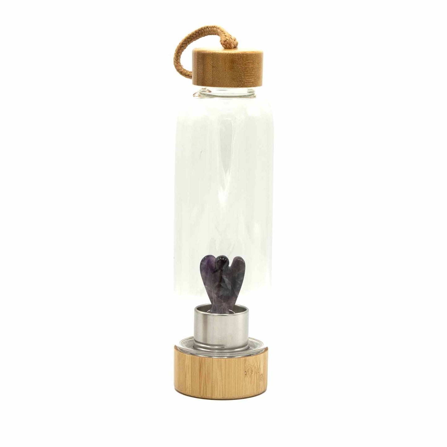 Amethyst Crystal Infused Glass Water Bottle with Angel 😇 – 500ml Bamboo & Glass Elixir Bottle
